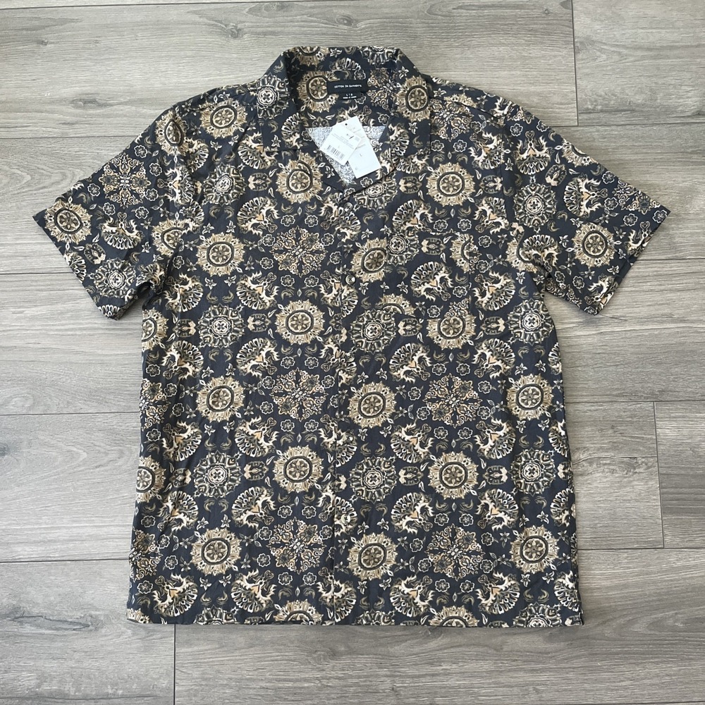 Cotton On Garments Riviera Short Sleeve Mens L Button Up Shirt Black Paisley NWT